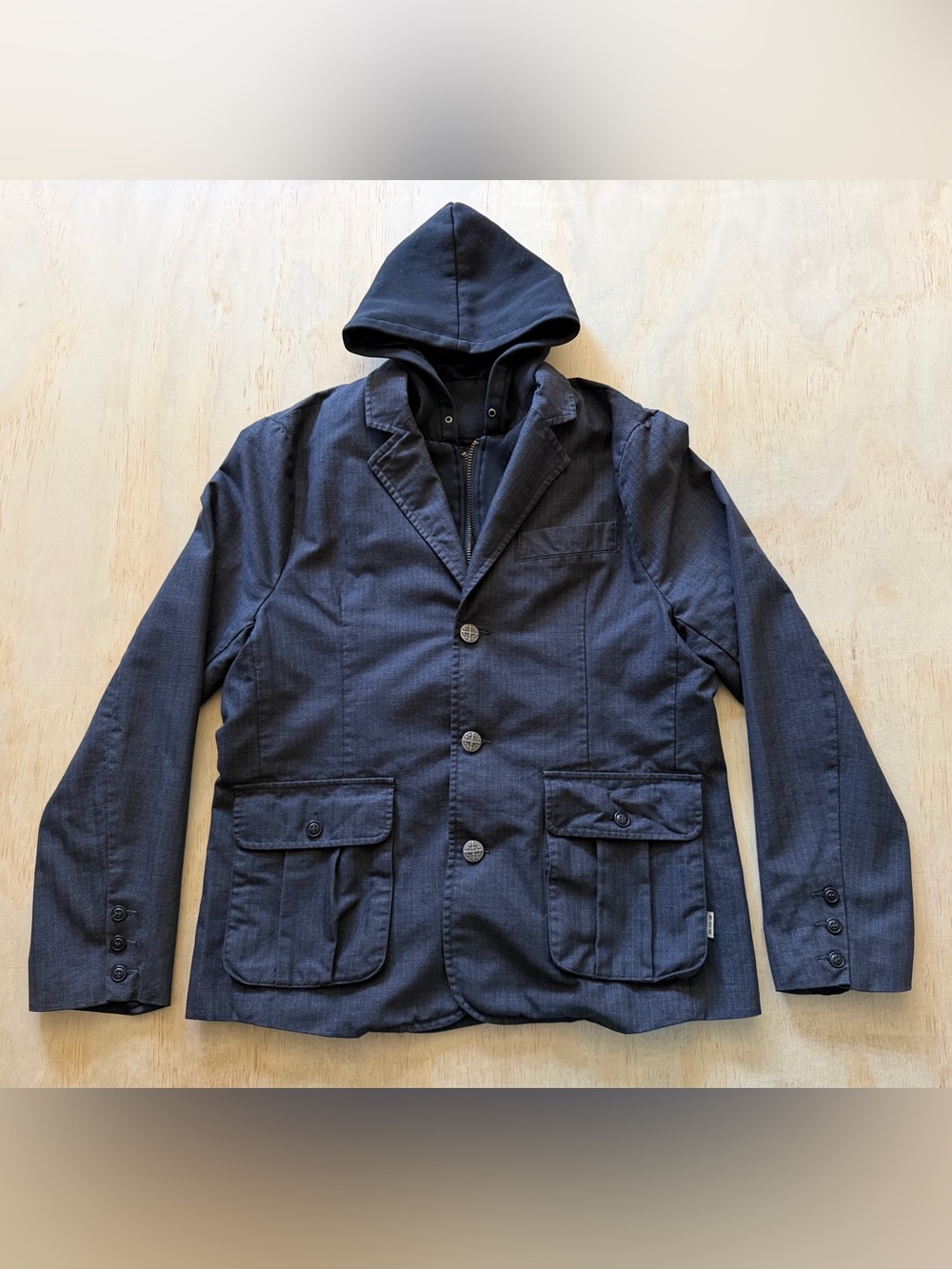 Buffalo David Bitton Mens L Blazer Dark Gray Pinstripe Removable Hood Wool Blend